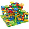 A colorful marble run building blocks maze track toy featuring various ramps and structures.