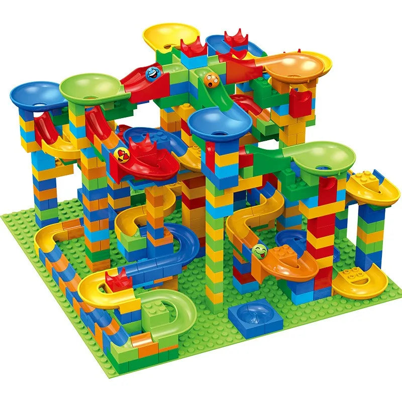 A colorful marble run building blocks maze track toy featuring various ramps and structures.