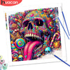 A vibrant paint by numbers kit featuring a colorful skull landscape design.