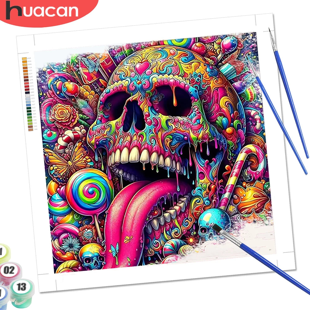 A vibrant paint by numbers kit featuring a colorful skull landscape design.