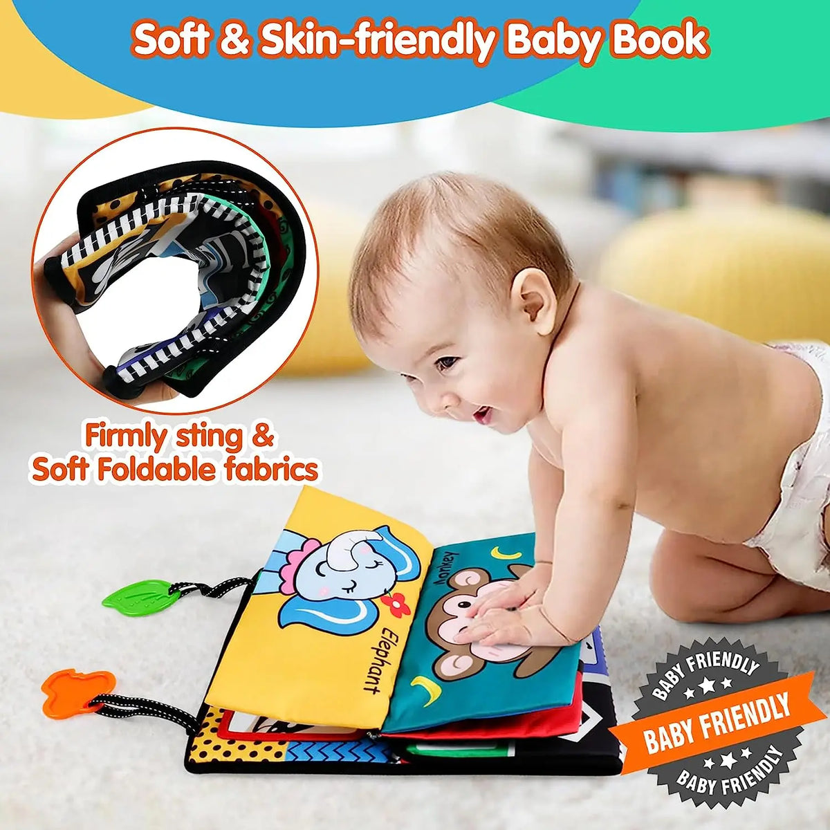 High-Contrast Tummy Time Baby Mirror with Crinkle Cloth Book and Teether