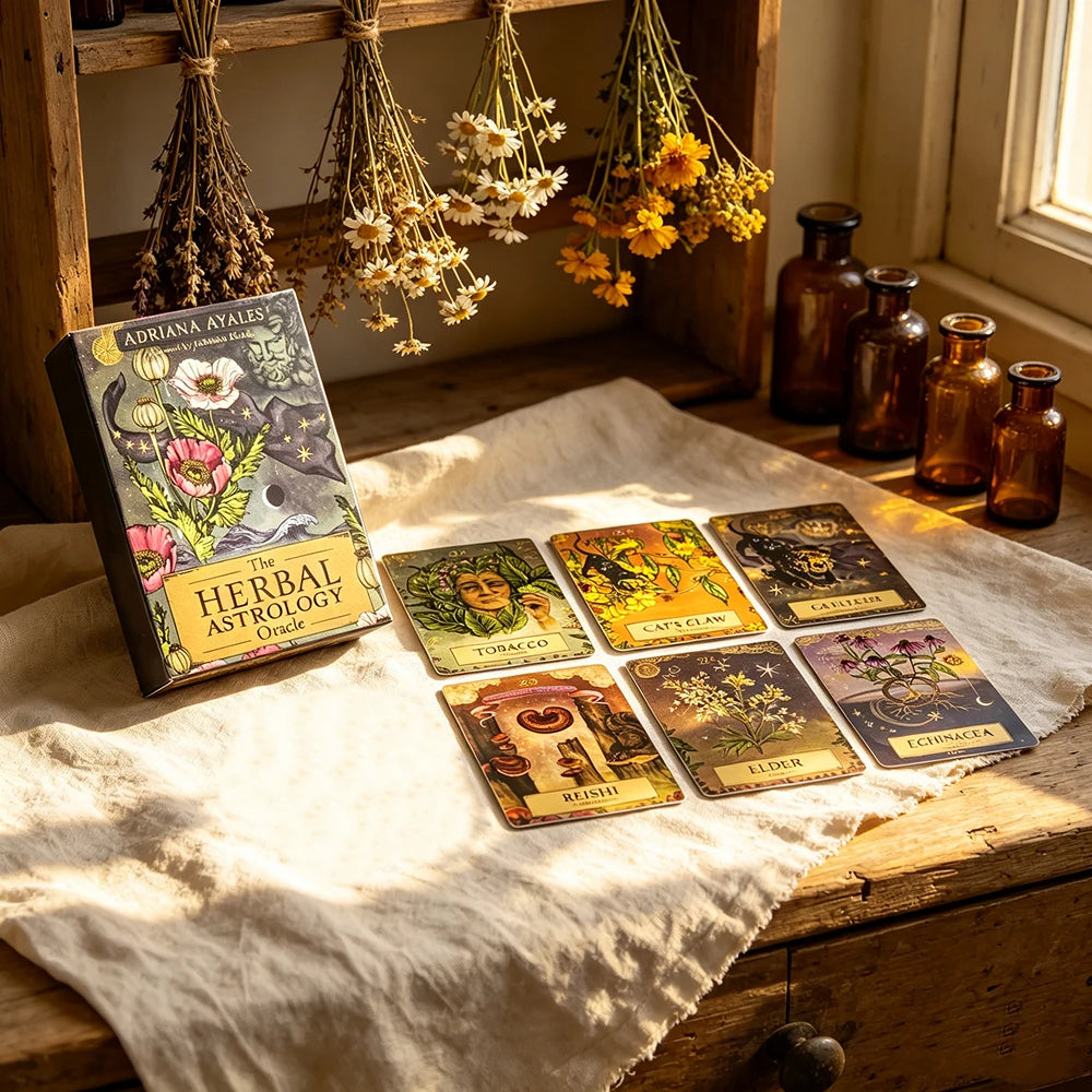 A collection of Herbal Astrology Oracle cards displayed on a white cloth next to a book and dried flowers.