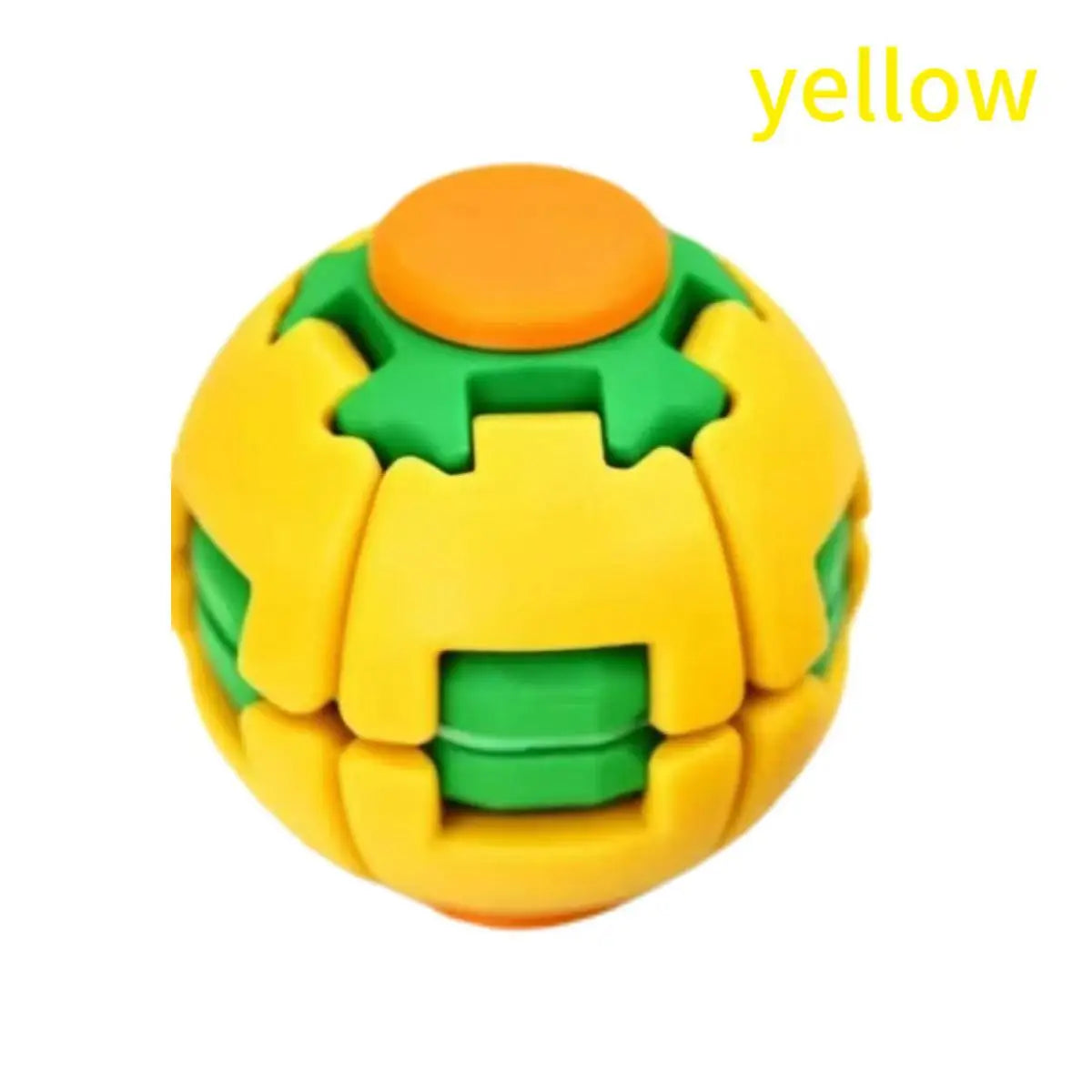 A yellow, burger-shaped stress relief toy with a green top and orange button.