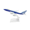 A diecast model of a Boeing 747 airplane in blue and white livery.