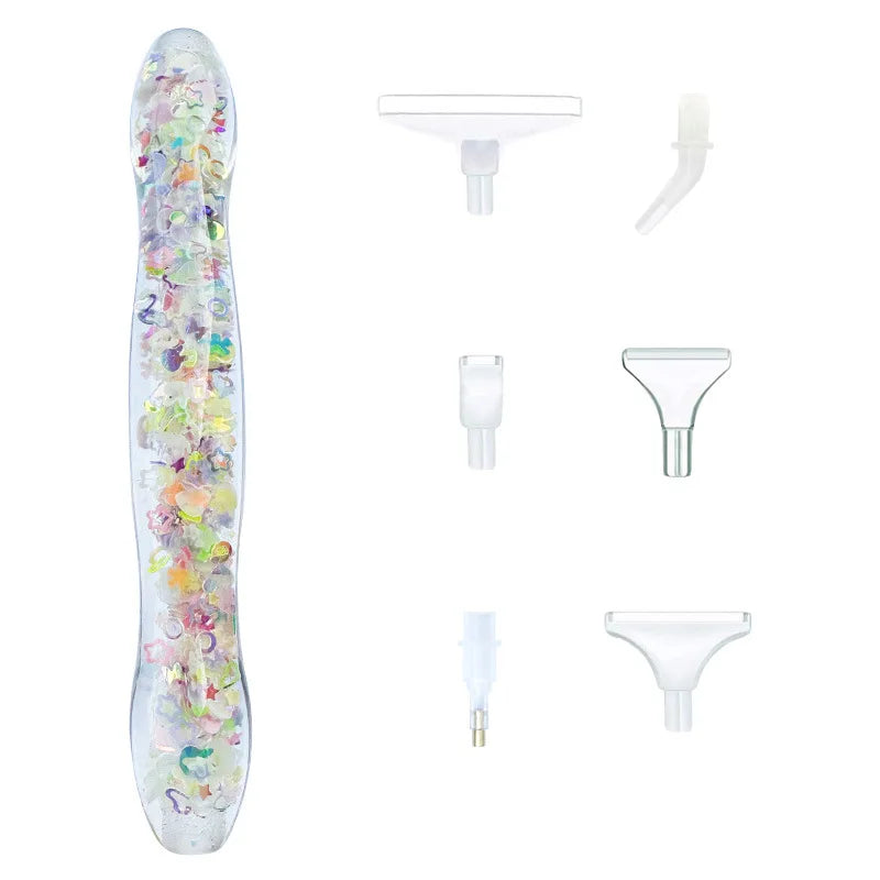 Glow-in-the-dark diamond painting pen with six interchangeable tips shown in various forms.