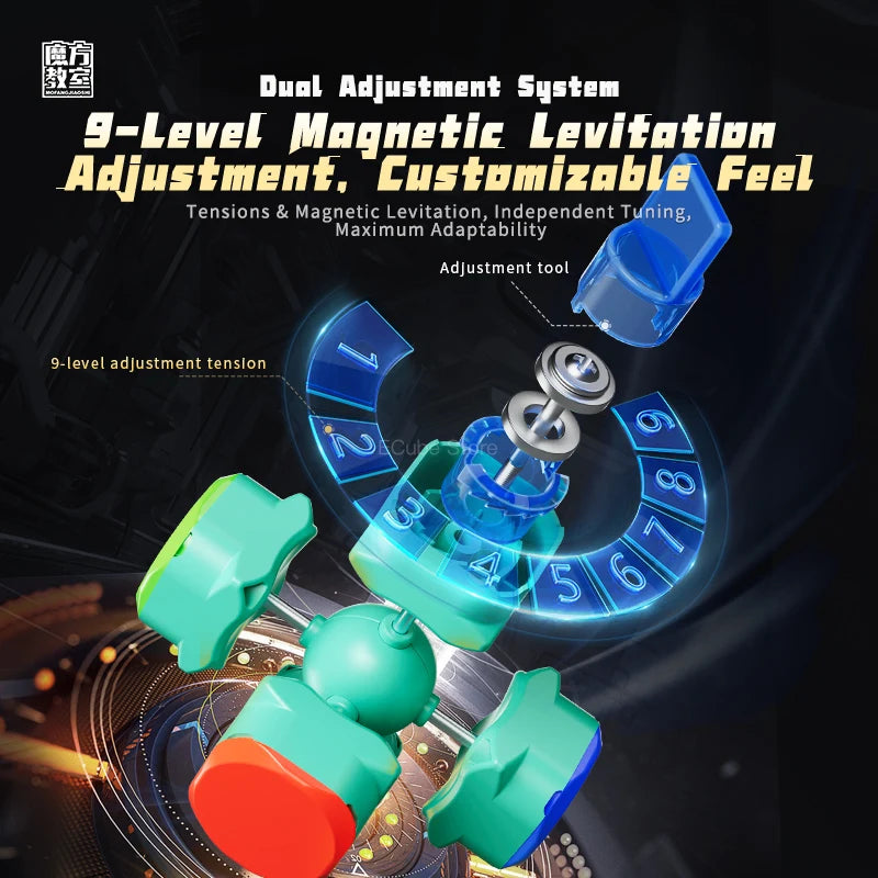 A close-up view of a dual adjustment system for a magnetic levitation device, showing various colored plastic components and 