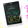 A digital writing tablet displaying the text I'm HAPPY in neon green handwriting, with various dinosaur and nature doodles.