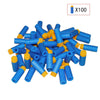A pile of blue and yellow EVA foam short darts for Nerf blasters, shown at a magnification of x100.
