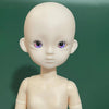 A white 1/6 scale BJD doll with purple eyes is shown against a dark green background.
