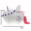 A white plush cat doll with purple accents and a pink wing, shown from the side.