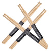 A set of five wooden drumsticks with black grips crossed in an 'X' formation.