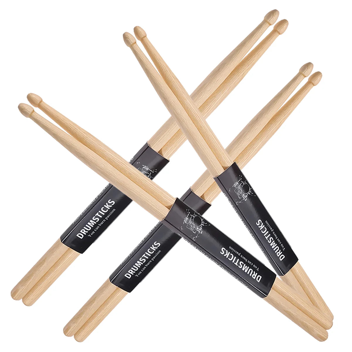A set of five wooden drumsticks with black grips crossed in an 'X' formation.