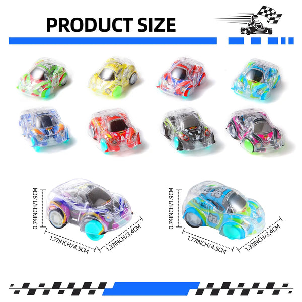 A collection of five colorful mini pull-back race cars for kids shown in various colors and angles.