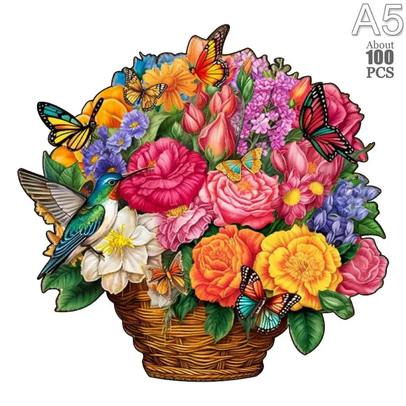 A vibrant bouquet of flowers, butterflies, and a cat puzzle set in a wooden basket.