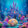 Vibrant underwater scene featuring a detailed castle, colorful coral, and marine life for a party backdrop.