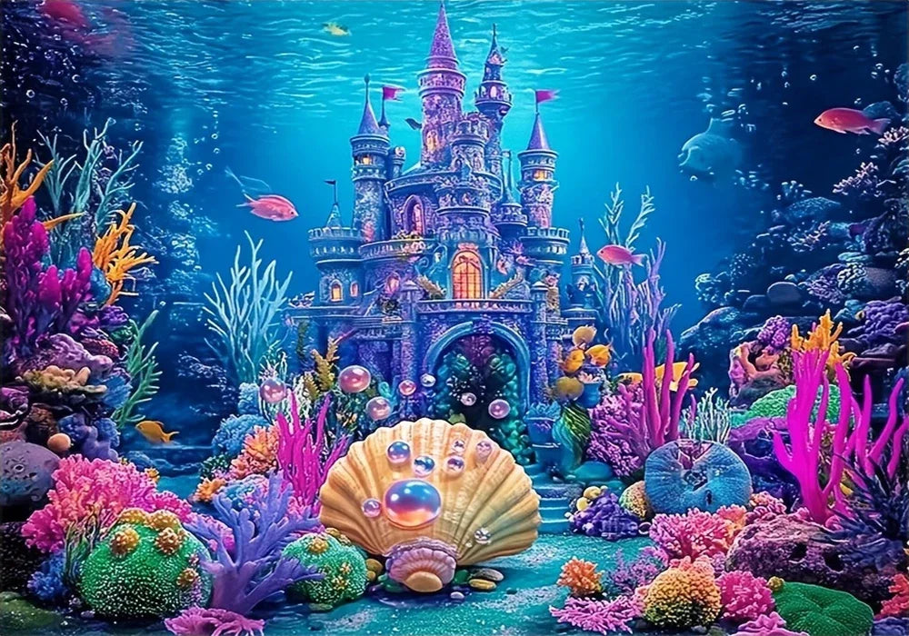 Vibrant underwater scene featuring a detailed castle, colorful coral, and marine life for a party backdrop.