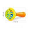 A bright yellow soft baby grasping ball rattle with a bell, shown from the side.