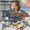 A young boy holds a dinosaur model while various realistic dinosaur figures are displayed in the foreground.