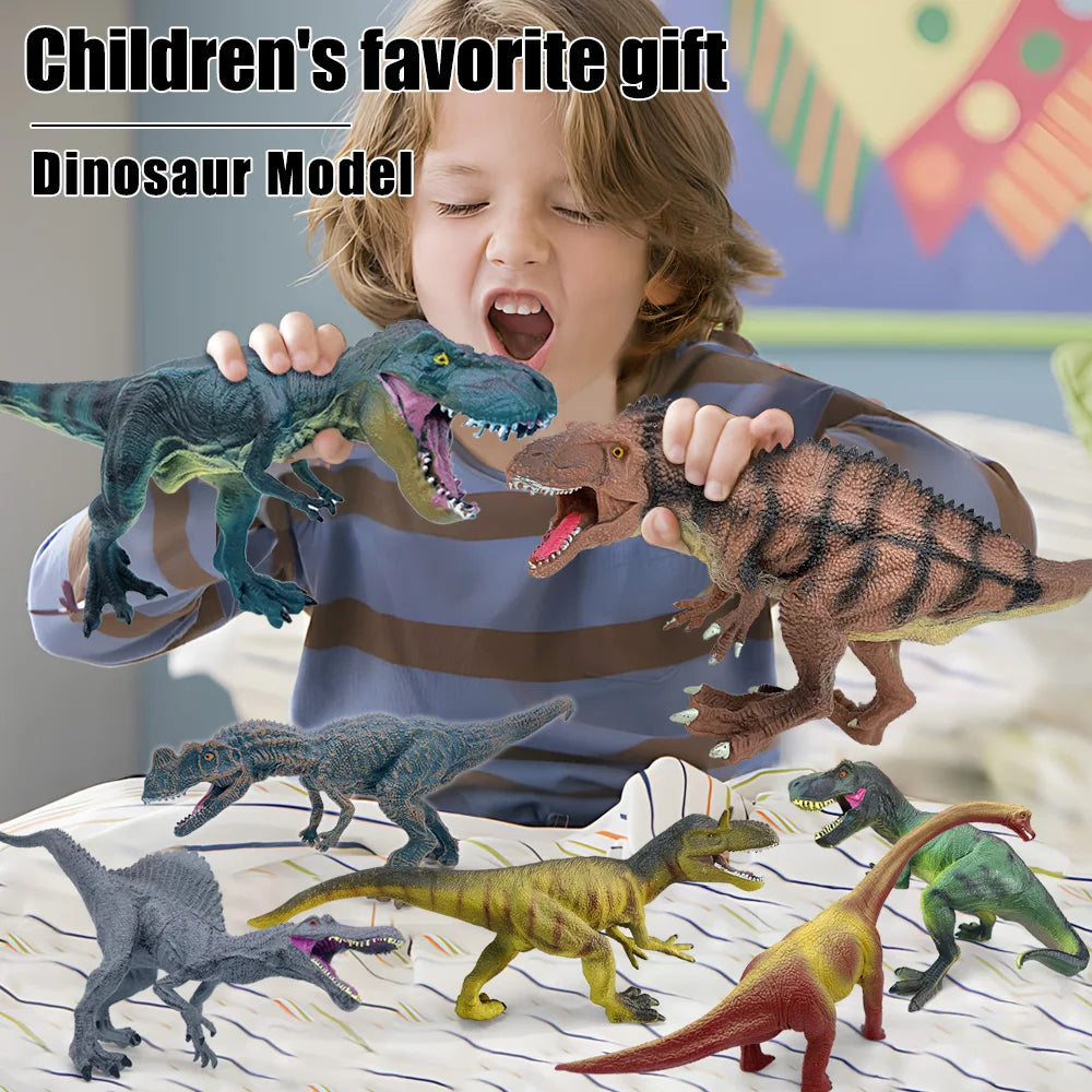 A young boy holds a dinosaur model while various realistic dinosaur figures are displayed in the foreground.