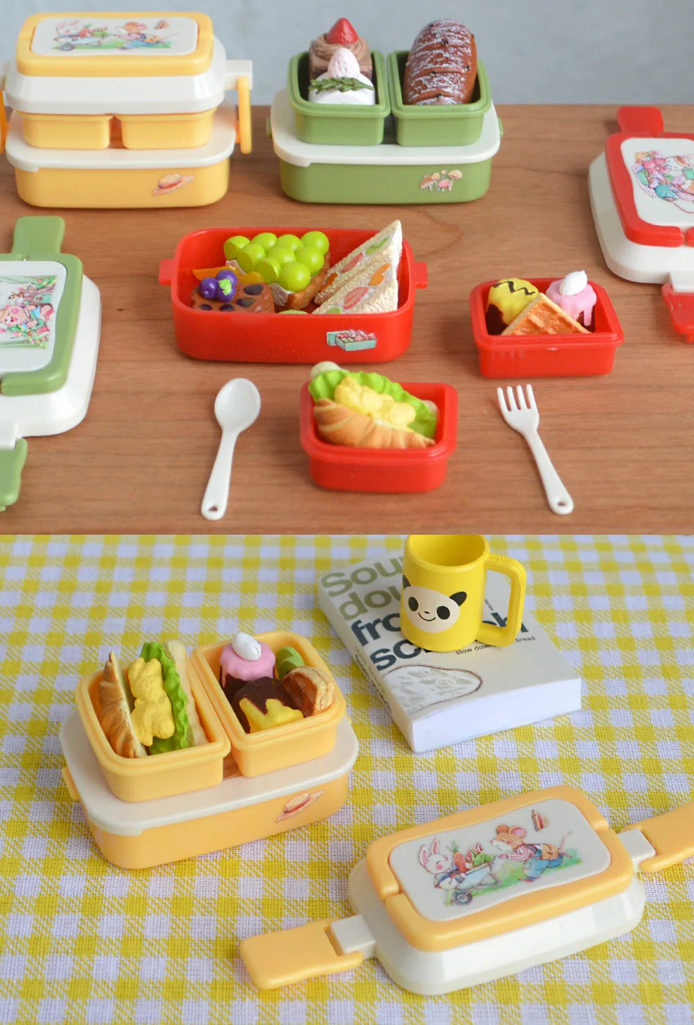 A collection of miniature doll picnic lunch boxes in yellow and red, some filled with food items like fruit and sandwiches.
