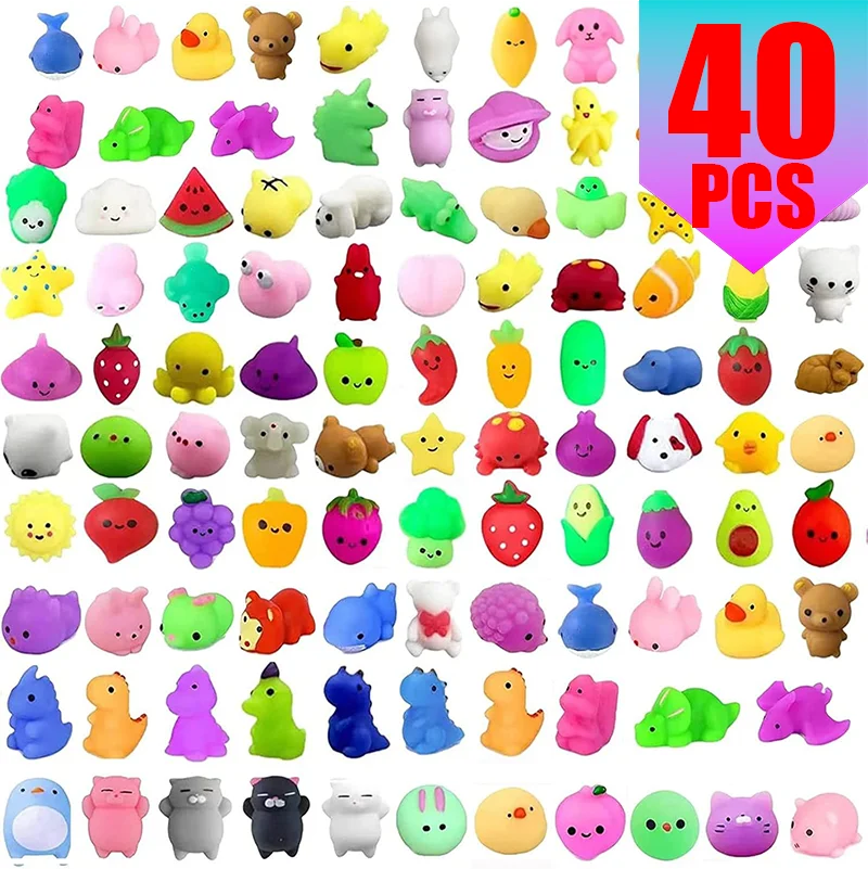 A collection of 40 colorful squishy fidget toys and sensory stress relief toys in various shapes and colors.