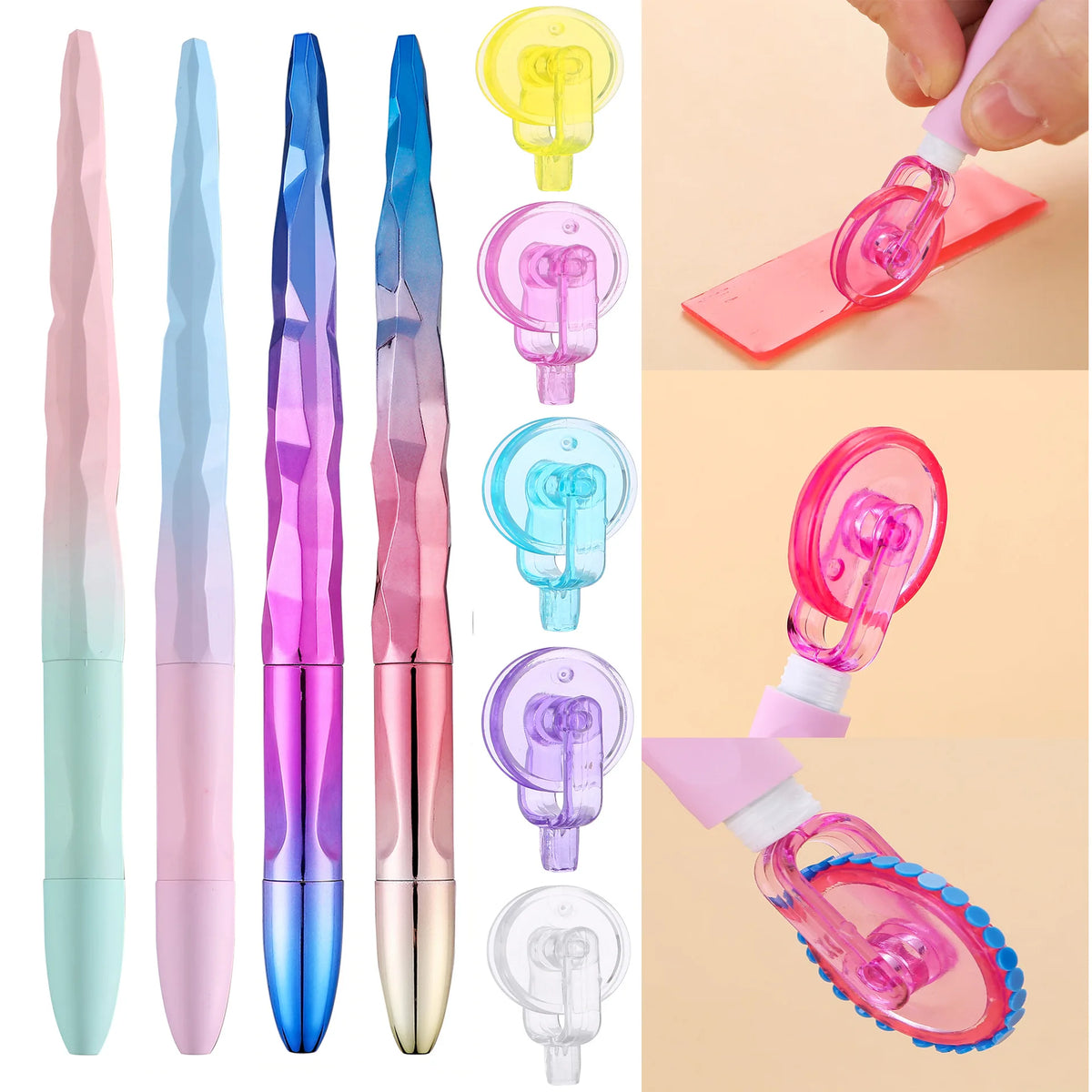 A set of diamond painting pens and roller tools in various shades of pink, purple, and blue.