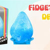A package and a blue translucent squishy raindrop cube toy for stress relief