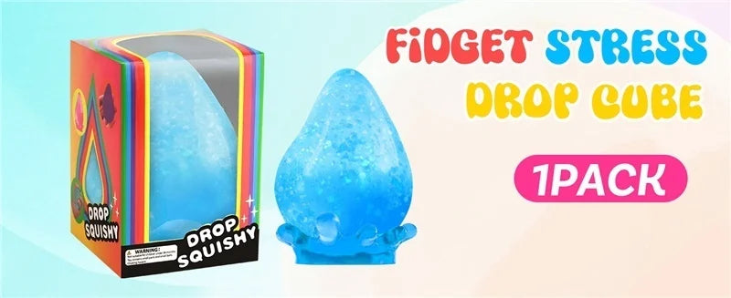 A package and a blue translucent squishy raindrop cube toy for stress relief