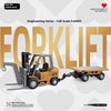 A full-scale forklift model is shown with a pallet on the forks, next to its remote control and battery.
