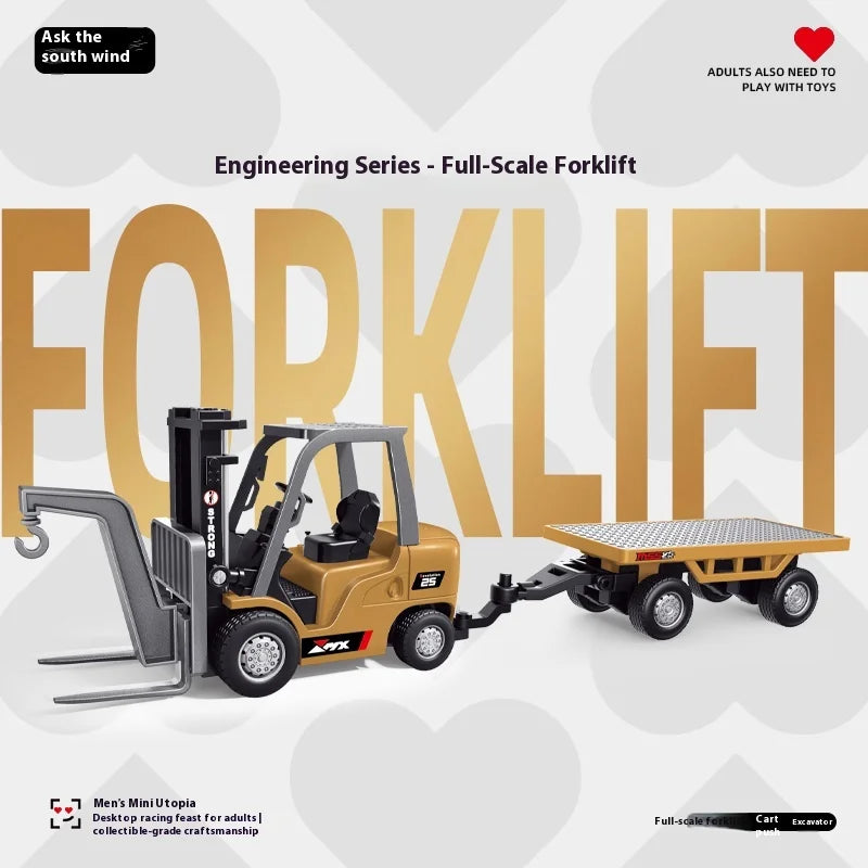 A full-scale forklift model is shown with a pallet on the forks, next to its remote control and battery.