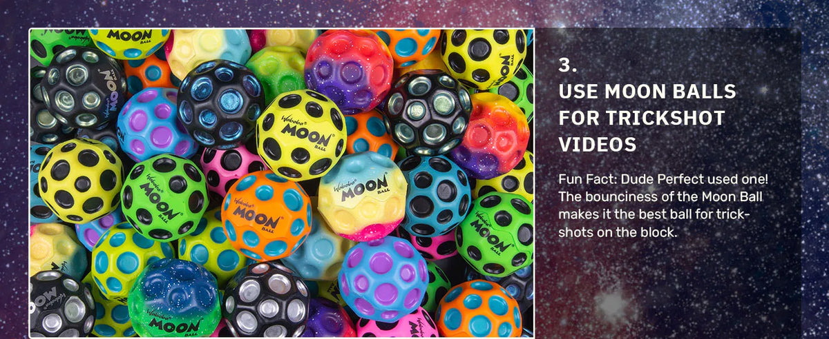 A colorful assortment of bouncy Moon Balls used for trickshot videos.
