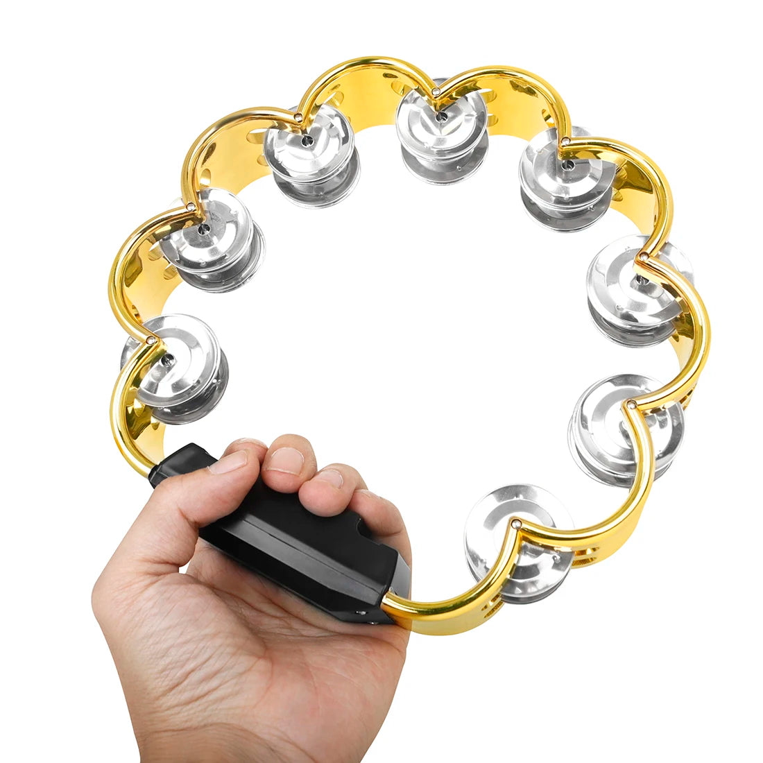 A hand holds a colorful double-layer tambourine with gold metal bells for kids.