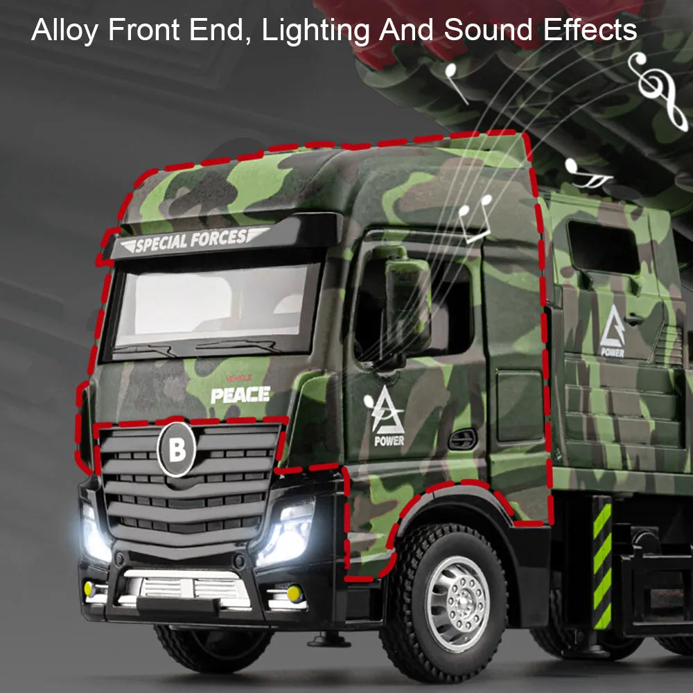 A diecast military missile truck toy featuring alloy front end with lighting and sound effects.