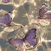 A close-up of purple and white butterflies floating on water, suggesting a painting or nature theme.