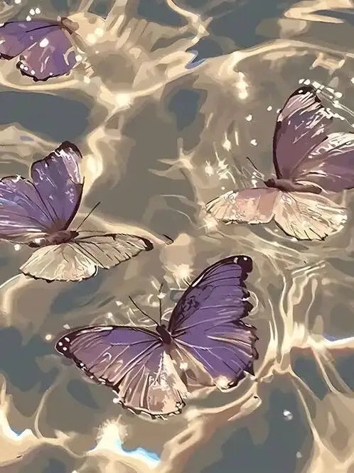 A close-up of purple and white butterflies floating on water, suggesting a painting or nature theme.