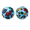 A pair of round silicone beads with a leopard print design in blue and black.