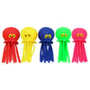 A set of five colorful squeeze and soak octopus bath toys for toddlers in red, yellow, blue, green, and pink.