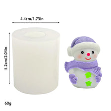 White silicone mold shaped like a smiling snowman with purple scarf and green accents
