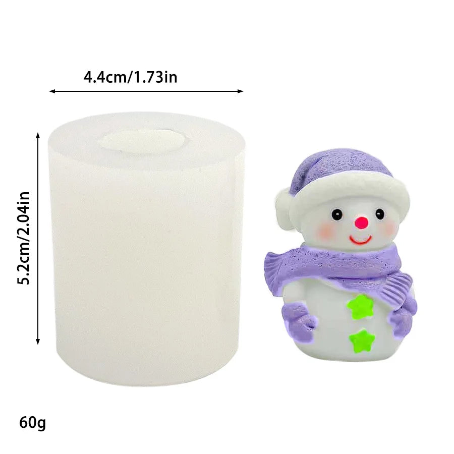 White silicone mold shaped like a smiling snowman with purple scarf and green accents