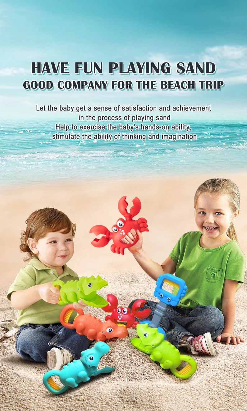 A young girl is playing with a set of red crab claws and green dinosaur digging tools on the sand.