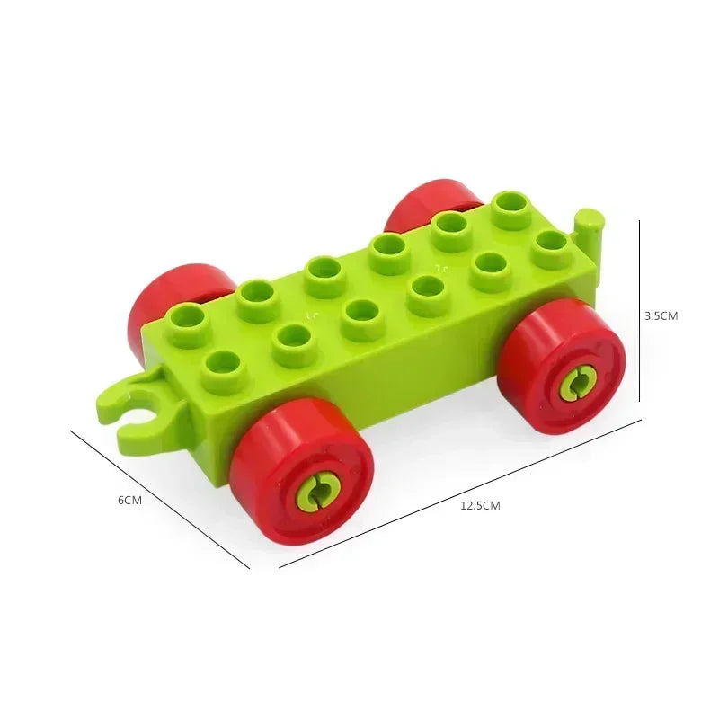 A lime green building block set featuring a traffic vehicle, including trucks and buses.