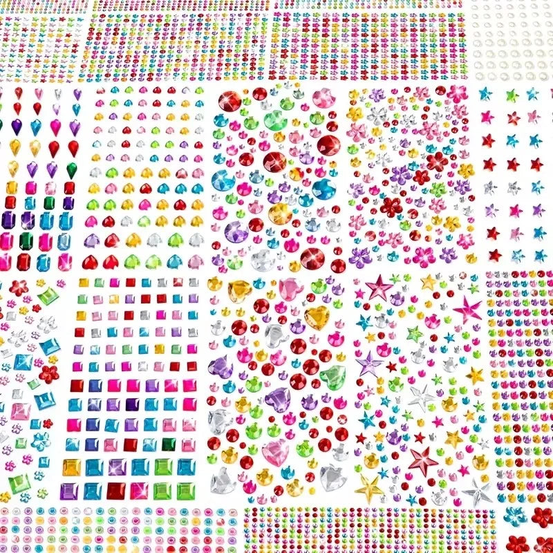 A dense collection of colorful acrylic gemstone rhinestones and glitter stickers in various shapes and sizes.