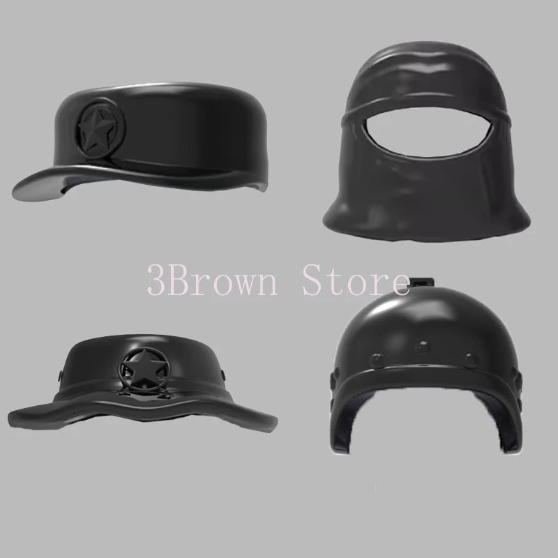 A set of military building blocks featuring a gun and helmet accessories.