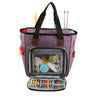 A purple canvas tote bag with multiple pockets for storing knitting supplies and yarn.