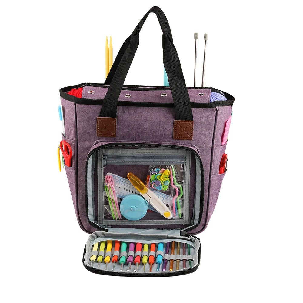 A purple canvas tote bag with multiple pockets for storing knitting supplies and yarn.