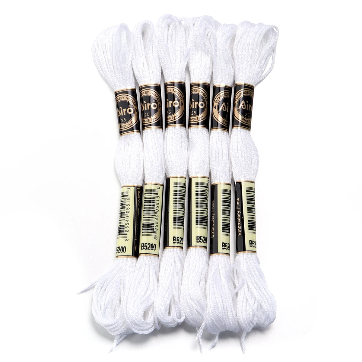 A set of six white embroidery threads for cross stitch and DIY crafts, packaged in individual spools.