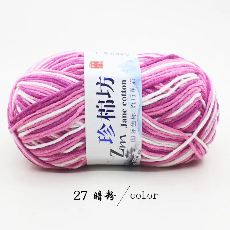 Pink yarn skein labeled Zun Jane cotton for knitting and crochet