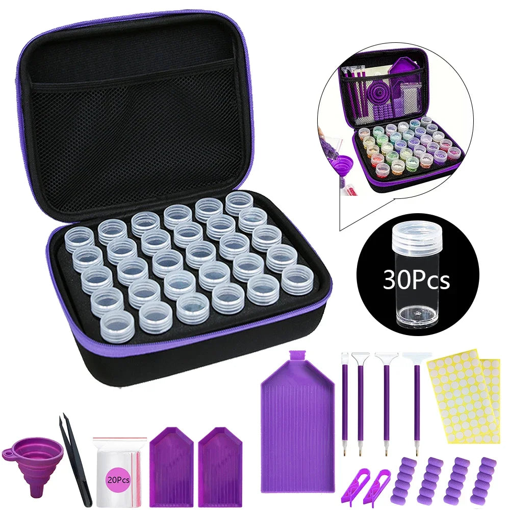 A purple diamond painting storage kit featuring an open case with multiple small containers and various tools like tweezers a