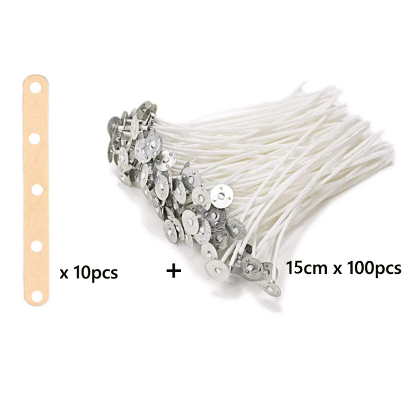 A bundle of 100 pre-waxed cotton candle wicks with metal sustainer tabs, shown next to a measuring stick.