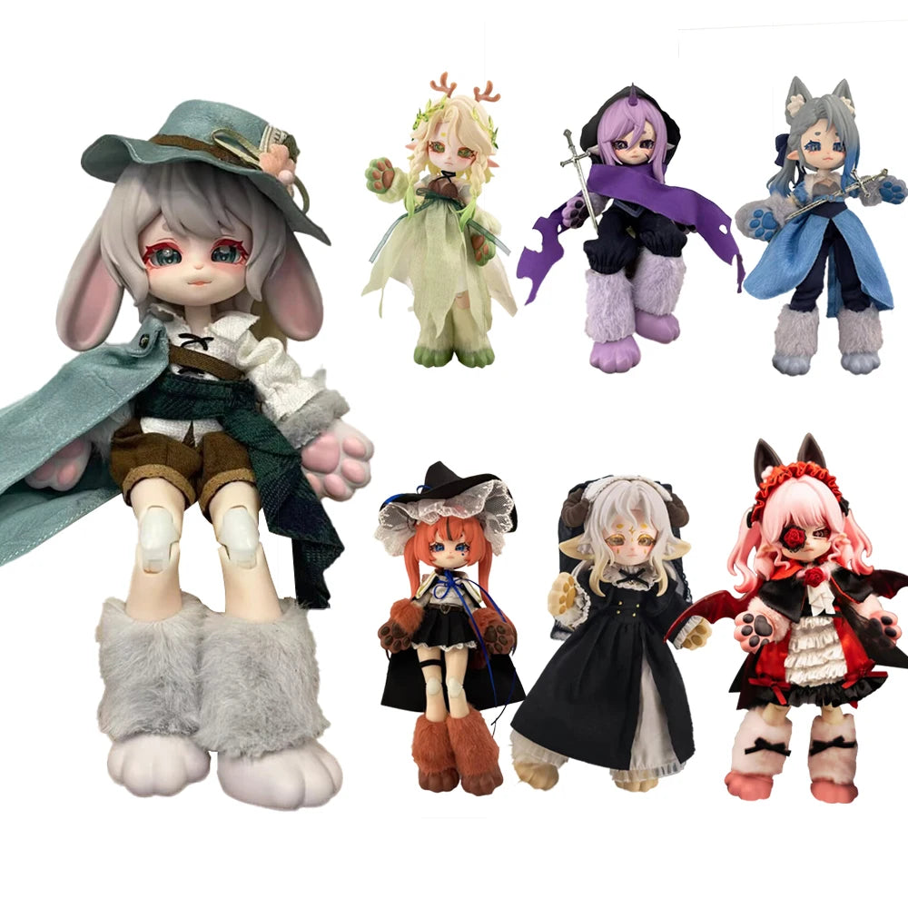 A collection of six 1/12 scale lunar-themed posable dolls featuring various fantasy and magical outfits.